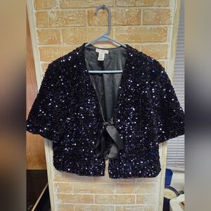 H&M Navy Sequin Bolero with Tie Closure (Size L)